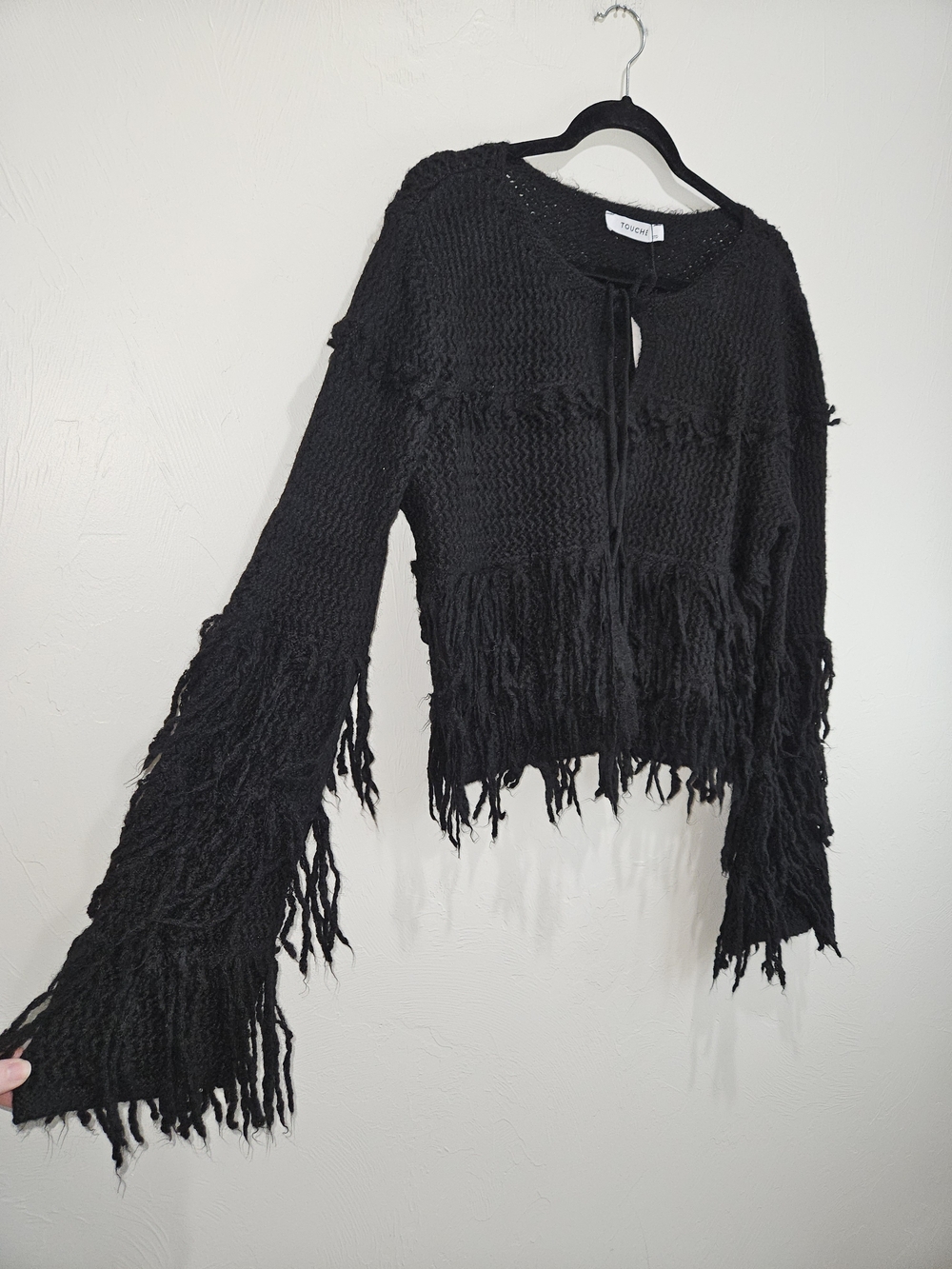 Touche Prive Black Fringe Knit Women's Sweater Cardigan Tie Front OSFM Medium - Picture 2 of 15